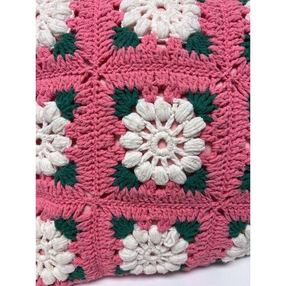 Vintage Pink Crocheted Granny Square Handmade Throw Pillow Cottage Core 15x15 - Picture 1 of 4